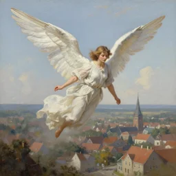 an angel flying in a town in the style of John Kenn Mortensen, realistic painting, high definition, digital art, matte painting, very detailed, realistic