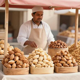 photo of dee's nuts. nut seller stand in a bazaar