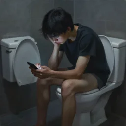 painting of a person sitting on toilet scrolling through social media, sad, gloomy, dark