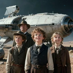 extra sharp, detailed, a blockbuster sci fi 8 k color movie frame, set in 1 8 6 0, family standing in front of a crashed spaceship, on alien planet, looking happy, wearing 1 8 5 0 s era clothes, atmospheric lighting, in focus, reflective eyes, 3 5 mm macro lens, live action, nice composition, good photography, clear facial details