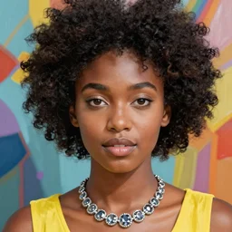 portrait of beautiful young black woman with afro, wearing yellow top, silver rubies necklace, soft face, precise colors, sexy lips, summer lighting, highly detailed face shot, big brown eyes, colorful background oil and acrylic painting on canvas