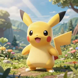 a sweet adorable pokemon in a beautiful landscape. chiho aoshima. very cute. friendly. beautiful. digital render.