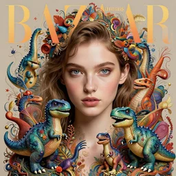 pretty model with cute dinosaurs : : by martine johanna and simon stalenhag and chie yoshii and casey weldon and wlop : : ornate, dynamic, particulate, rich colors, intricate, elegant, highly detailed, vogue, harper's bazaar art, fashion magazine, detailed face, smooth, sharp focus, 8 k, octane render,
