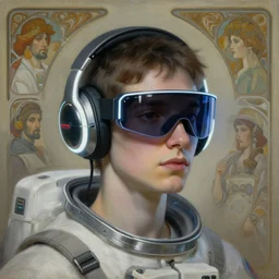 future coder looking on, la forge visor over eyes and sleek neon headphones, neon accents, rim lighting, desaturated headshot portrait painting by dean cornwall, ilya repin, rhads, tom whalen, alex grey, alphonse mucha, donoto giancola, astronaut cyberpunk electric fashion photography