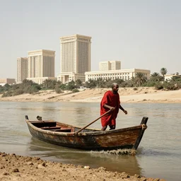 a man in red drapery in a blood barque on a river next to a neoclassical vertical city in the desert, leica sl 2 5 0 mm, heavy grain, high quality, high detail, run, mud