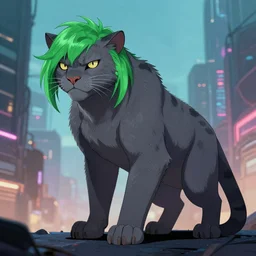 male grey furry panther in cyberpunk city, green hair, artstation, deviantart