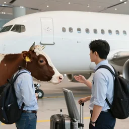 two perfect blend of dairy cow and man at the airport having conversation while boarding an airliner technoir