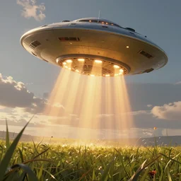 UFO landing, concept art, low angle, high detail, warm lighting, volumetric, godrays, vivid, beautiful, trending on artstation, by Jordan grimmer, huge scene, grass, art greg rutkowski
