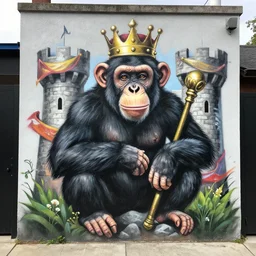 casual by peter elson. a street art that features a chimpanzee surrounded by a castle turret. the chimp is shown wearing a crown & holding a scepter, & the castle is adorned with banners.