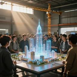 large group people in open warehouse, looking at hologram of futuristic city on a table, cinematic still, godrays, golden hour, natural sunlight, 4 k, clear details, tabletop model buildings, tabletop model, ethereal hologram center, crane shot, crane shot, crane shot