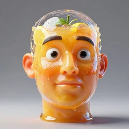 a funny sculpture of a squashed human head with a transparent head made out of frait, fruit juice, funny face, water art, vibrant, in the style of mike campau, cg render, ray tracing, 8 k resolution, sharp