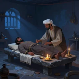 fantasy illustration of a bedouin healer treating a patient lying on a stone table, oils and incense all around in a dark workshop, blue shadows, trending on artstation, digital art ( by anna steinbauer ) ( by victor adame ) ( by jesper ejsing )