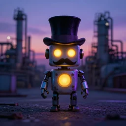 tiny capitalist robot in the dark wearing a top hat, hrd, hyperrealistic, hyper detailed, tiny, lights, yellow, purple, blue, top hat, moustache, dusk, industrial background, factories, sky