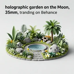“holographic garden on the Moon, photo 35mm, trending on Behance”