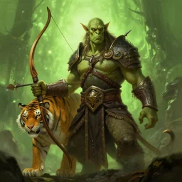epic professional digital art of male orc tiger archer, chartreuse ambient light, painted, heroic, gothic, mythic, detailed, intricate, hr giger, salvador dali,, best on artstation, cgsociety, epic, stunning, gorgeous, much wow, cinematic
