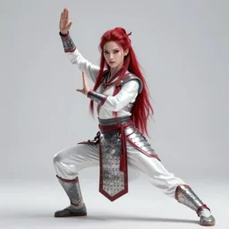 beautiful warrior lady in tai chi pose, red long hair, practical armor, shiny white skin, demonic eyes, low fantasy, extremely detailed, sharp focus, smooth, digital illustration, by rossdraws, frank franzzeta, sakimichan