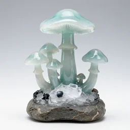 translucent mushrooms, ice, translucent, with celadon glaze, inset with onyx, stone base