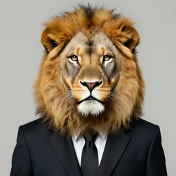 an abstract portrait of a lion with a human face wearing a suit, photorealistic