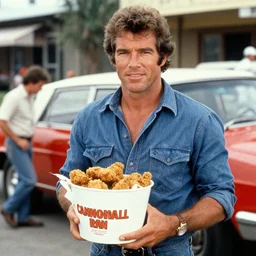 film still of burt reynolds holding a bucket of fried chicken in cannonball run 1 9 8 2