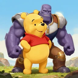 winnie the pooh breaking thanos armor defeating him on a war and fight fantasy cartoon highly detailed photorealistic artstation unreal engine dslr photography