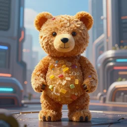portrait of haribo bear in future city, color and shape focus, central composition, natural