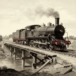 19th century locomotive crossing a wooden bridge, the bridge collapses behind it