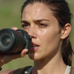 dslr photo of lara croft face getting sweat because of the sun heat, she looks thirsty
