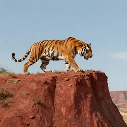 a tiger attacking on top of a red dirt mountain cliff by chesley bonestell, trending on artstation, c 4 d, unreal engine, octane render