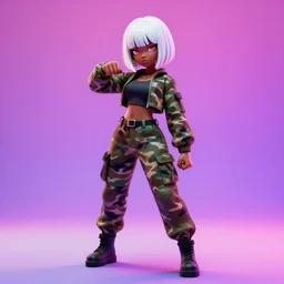 portrait of black anime manga girl, throwing punch pose, french bob hair!!!!!, white hair, wearing camo, by gustave dore, vaporwave colors, lofi colors, vaporwave, lofi, goth vibe, 4 k, smooth, hd, substance designer render, full body character concept art, 2 point lighting,