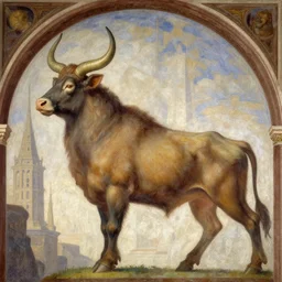 style of fantastic fresco : : fantasy art scene : : timeless masterpiece : : hairy philosophess she - minotaur, cow head : : background roman spire