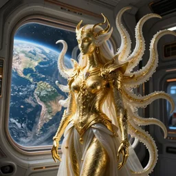 a photo of 8k ultra realistic corrupted lovecraftian golden humanoid queen standing next to a spaceship window overlooking earth, 8 intricate white and gold tentacles, cinematic lighting, trending on artstation, 4k, hyperrealistic, focused, extreme details, unreal engine 5, cinematic, masterpiece
