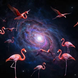 multicolored flamingos, flying through space, digital art, hubble, nasa