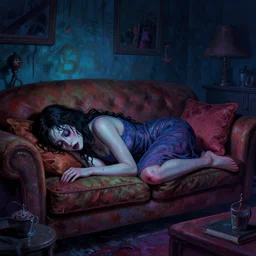 cinematic colorful horror artwork by artgerm, mark brooks ; beautiful dove cameron sleeping on couch on her stomach in living room at midnight ; scary, 8 k hdr, creepy intricate ; volumetric dramatic lighting, detailed, haunting