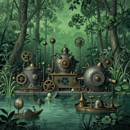 swamp with a lot of steampunk mechanisms inside zoological scientific illustration, made by Ernst Haeckel in rich and saturated shades of dark green and grey