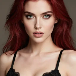 a beautiful portrait, sexy fantasy. professionally retouched, soft lighting, wearing sexy black dessous, realistic, hyperrealistic hyperdetailed smooth face, perfect green eyes, long red hair with black highleights, wide angle, sharp focus on the eyes, 8 k high definition, insanely detailed, intricate, elegant, art by artgerm and wlop