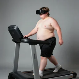 Studio Photograph of a real life Super morbidly obese 800 pound American teenager Fat Albert wearing VR goggles while walking on a VR Treadmill in the Style of Annie Leibovitz,