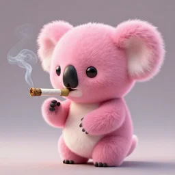 high quality 3 d render hyperrealistic very cute small pink koala smoking weed joint, smoke rising from the joint, plush mascot, short spiky dense fluffy smooth hair, photo from the side, pink fluffy fur, 1 5 0 mm, beautiful natural soft light, rim light, smooth background, artstation, ultra detailed, elegant, ultra detailed, metallic armor, octane render