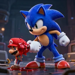sonic beating up mario while he bleeds, dslr, 8 k, octane beautifully detailed render, dark mood, cinematic lighting, detailed photo, masterpiece, volumetric lighting, ultra realistic, highly detailed, high quality, lossless, photorealistic