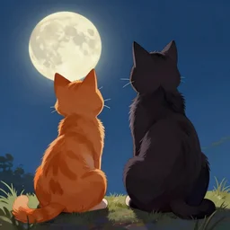 Firestar and Ravenpaw sitting next to each other looking into the Moon, Warrior cats, Back side view, Erin Hunter, illustration of 2 cats, trending on artstation, beautiful Paintings