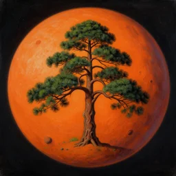 a surrealist painting of a fuchsia pine tree on a bright orange asteroid, in the style of magritte