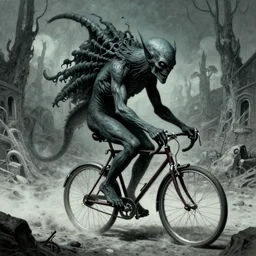 cthulhu rides his single speed bicycle to work in a detailed hellscape, hr giger illustration