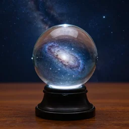 a witch gazing into crystal ball which stands on a mahogany table and contains the milky way galaxy