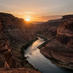 the sun is setting over a canyon with a river running through it, a matte photogram by daren bader, shutterstock contest winner, naturalism, high dynamic range, terragen, photo taken with ektachrome