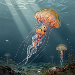 alien flying jellyfish color scientific illustration by Ernst Haekel, color illustration with orthographic views