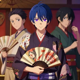 teenager boy with straight indigo hair, purple eyes with red eye markers, slim body, wearing a detailed Japanese kimono, holding a pair of fans. rich vivid colors, ambient lighting, dynamic lighting, 4k, official media, anime key visual, makoto shinkai, ilya kuvshinov, lois van baarle, rossdraws, detailed, trending on artstation