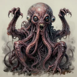 bruce campbell's horror version. an unnatural abomination, an unsightly mass of hooves, tentacles, eyes, and teeth. grunge, horror, dmt, dark and muted colors, detailed airbrush art, by yves klein