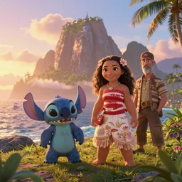 brushify, golden hour, epic proportion, beautifull hyper realistic time square moana with lilo and stitch, bagshaw and james gurney and lucasfilm,