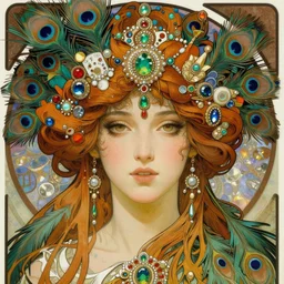 realistic detailed face portrait of an otherworldly fairy tale Peacock Goddess with colorful feathers and ornate jewels in her hair by Alphonse Mucha, Ayami Kojima, Amano, Charlie Bowater, Karol Bak, Greg Hildebrandt, Jean Delville, and Mark Brooks, Art Nouveau, Neo-Gothic, gothic, rich deep jewel colors
