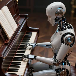 cyborg playing a fortepiano, very beautiful, intricate, medium shot, cinematic lighting, highly detailed, digital art, octane render, unreal engine, 4 k,