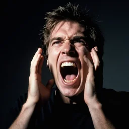 famous portrait of a man screaming in terror by photographer annie leibovitz. canon ef 8 5 mm f / 1. 8 usm, chiaroscuro